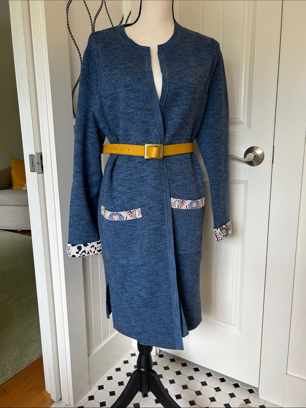 Chico's Navy Knit sweater and Patterned. Belts not included.